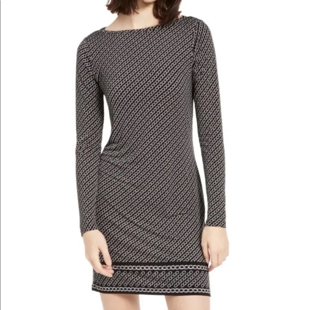 Michael Kors Women's Long Sleeve Chain Print Sheath Dress Black Silver Sz Medium